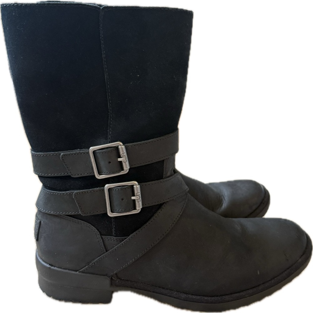 UGG Black Suede Moto Boots with Buckles Lorna